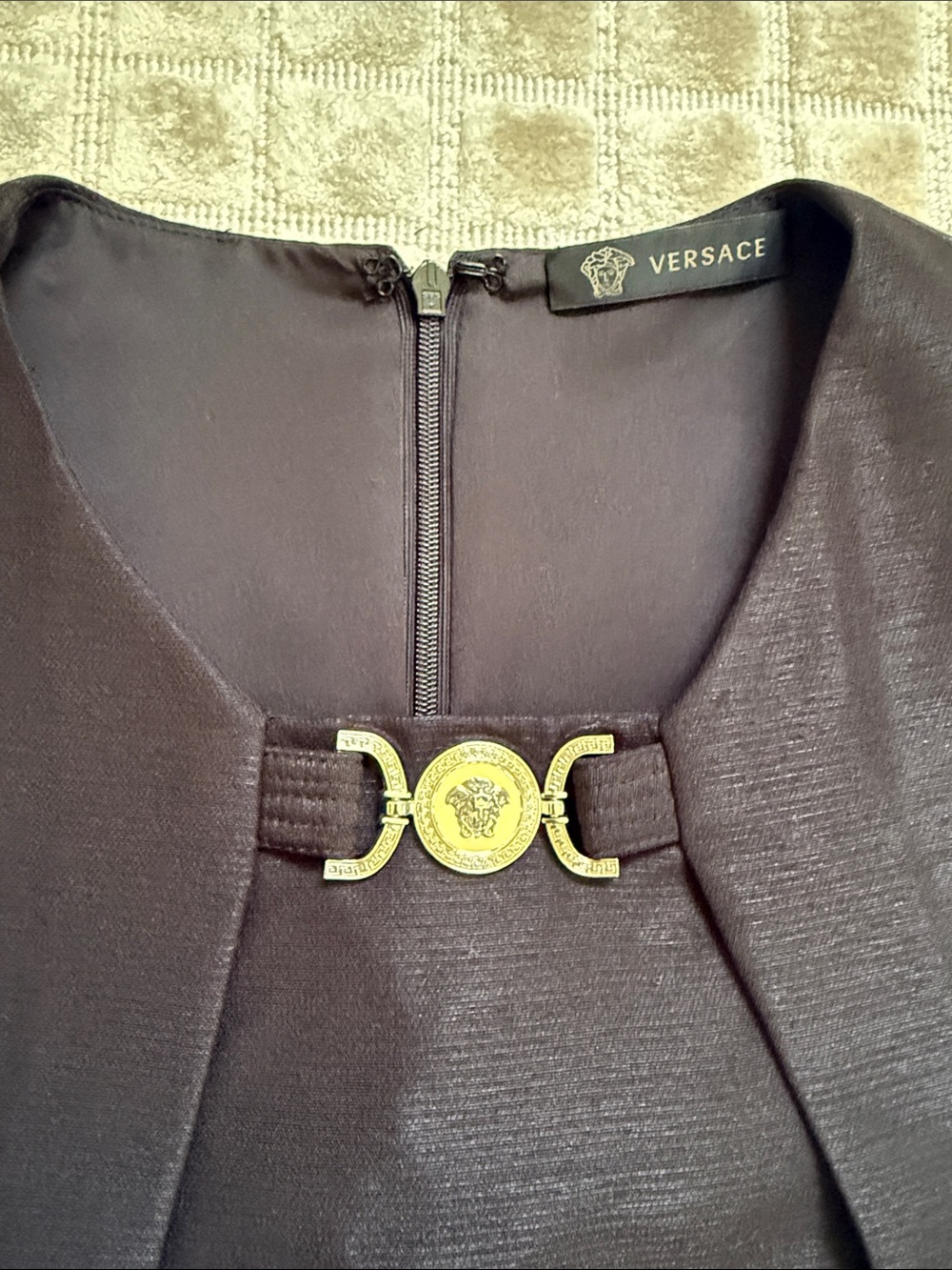 Versace ‘95 Medusa Black Sleeveless Mini Dress with Gold Accent Wool Silk Blend - Picture 6 of 12